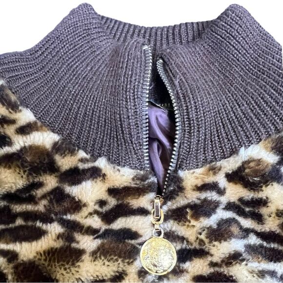 Vintage Marshall Rousso Zip Faux Cheetah Fur Brown Ribbed Sweater Size Large - Picture 6 of 6